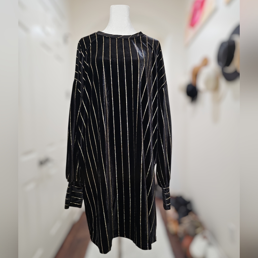 Black Velvet Dress with Gold Glitter Stripes | Long Sleeve